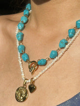 wearing Freya Pearl & Turquoise Necklace
